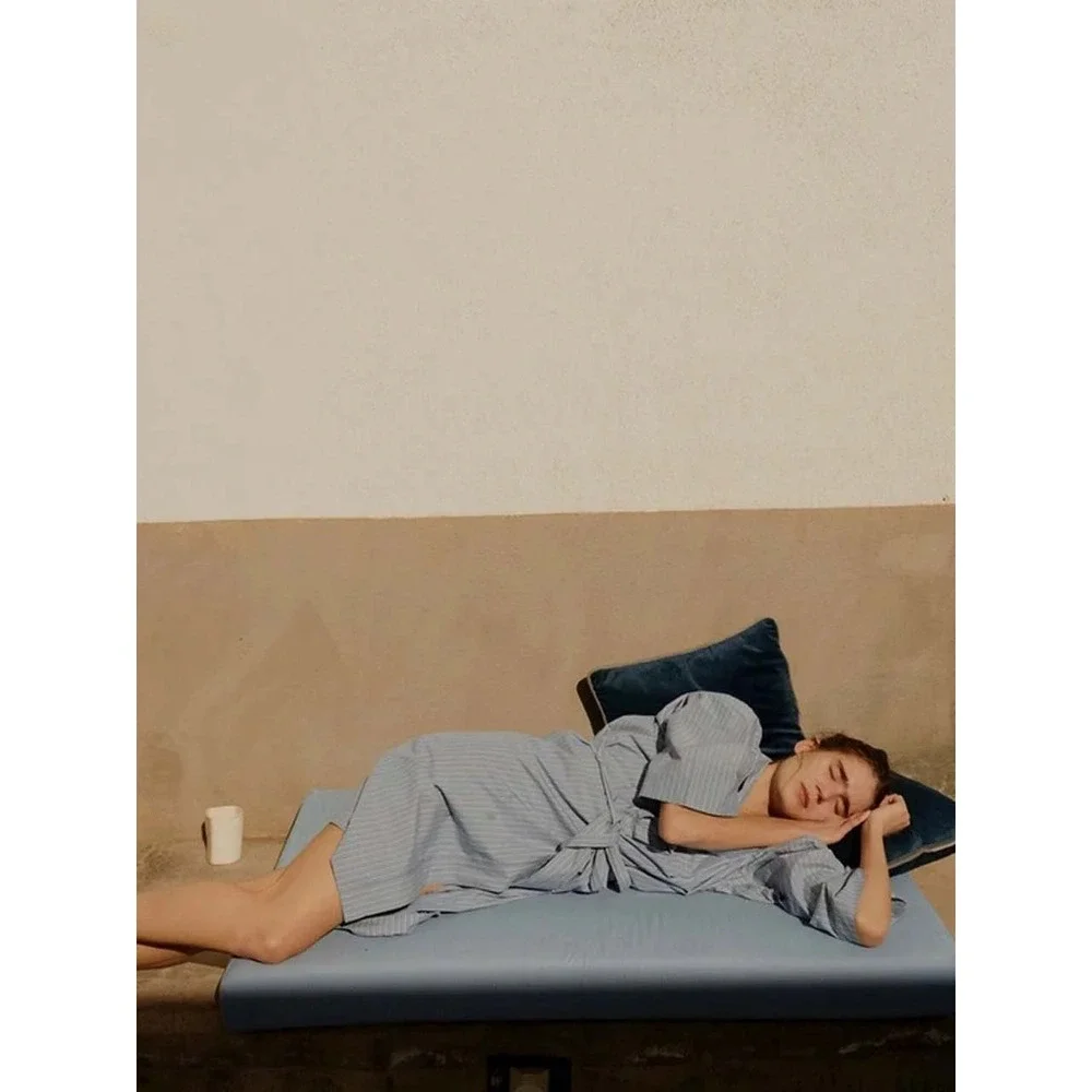 Deiji Studios x Juem Blue Striped Cotton Robe Long Sleeve Loungewear OS